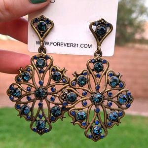 Navy Blue Bronze Diamond Chandelier Post Earrings